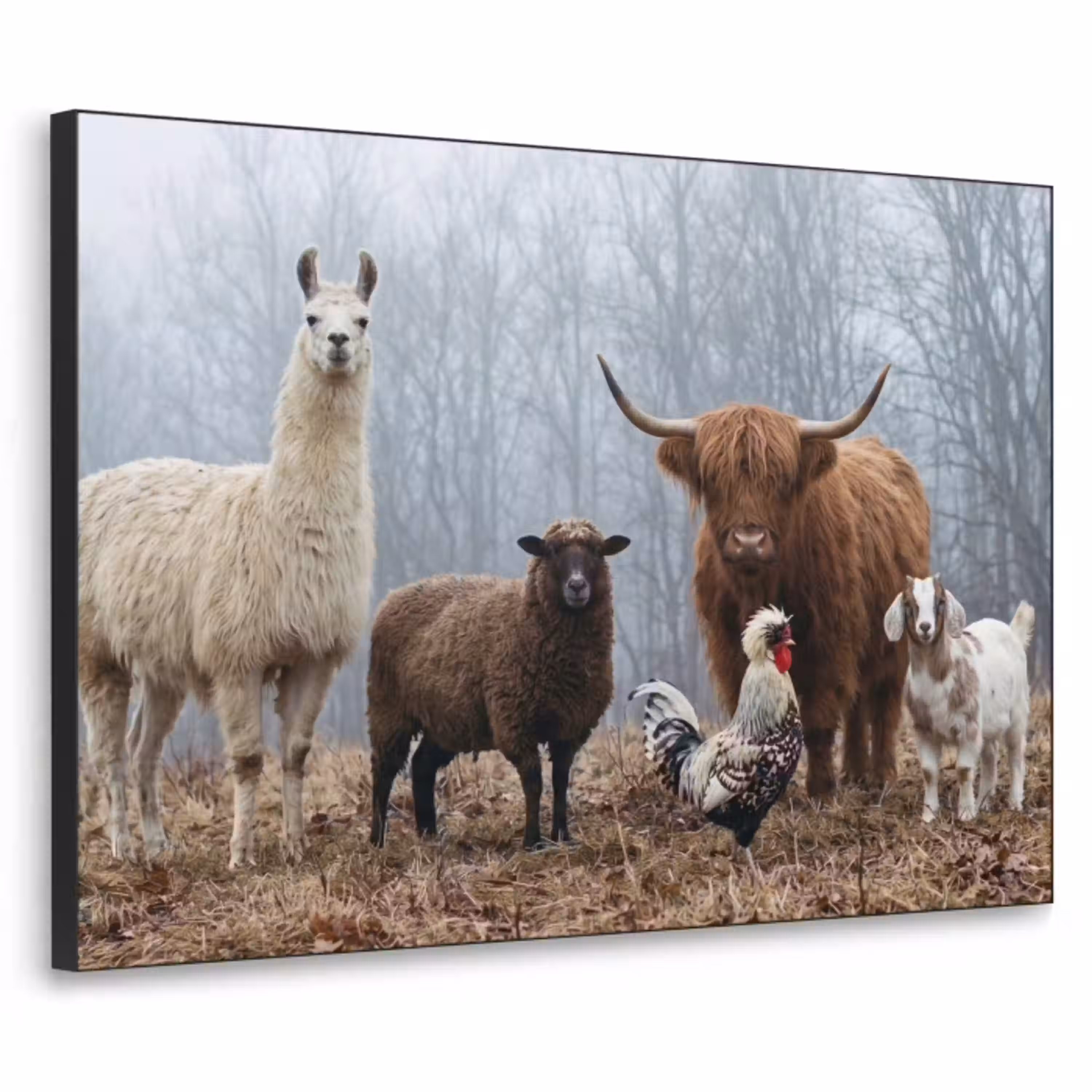 Boerderijdieren - Groep - Mist - Natuur - Rustiek Textielframe zwart klein -3d