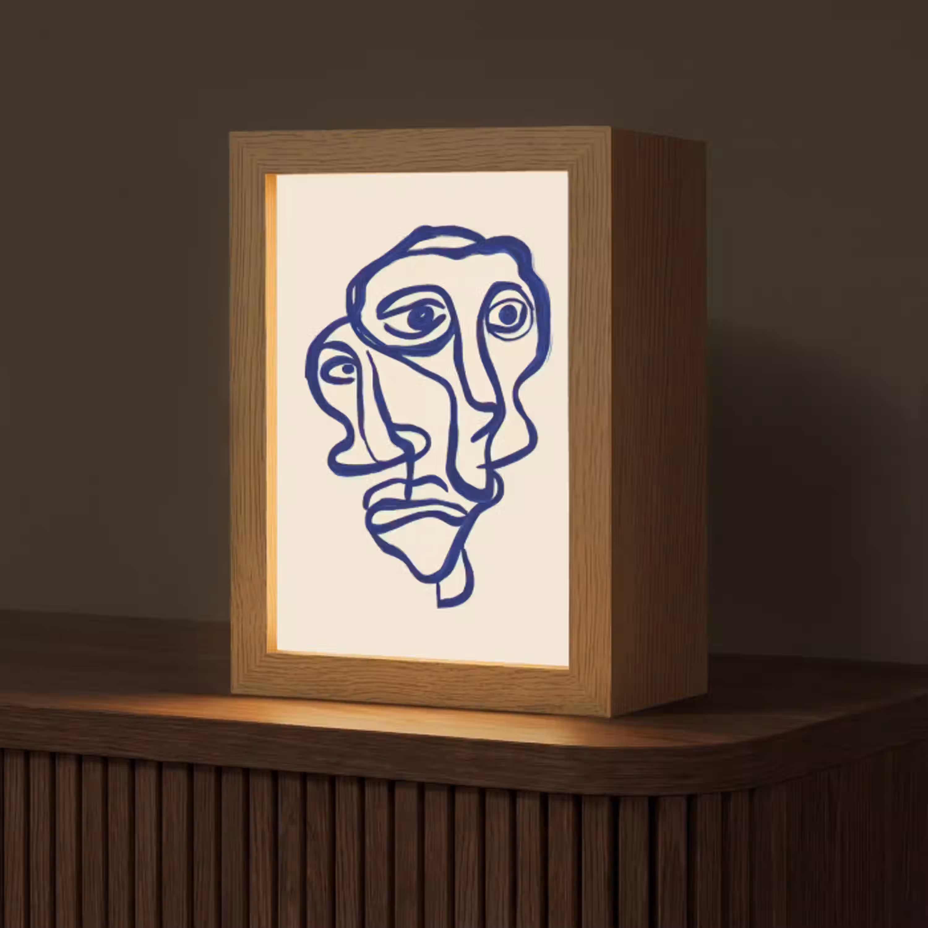 Lijntekening - Overlappende gezichten - Donkerblauw Light Box met kabel (Tafellamp) klein -z3d_website