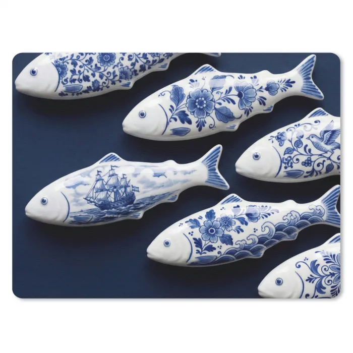 Vissen - Delfts - Blauw - Keramiek muismat rubber klein -3d