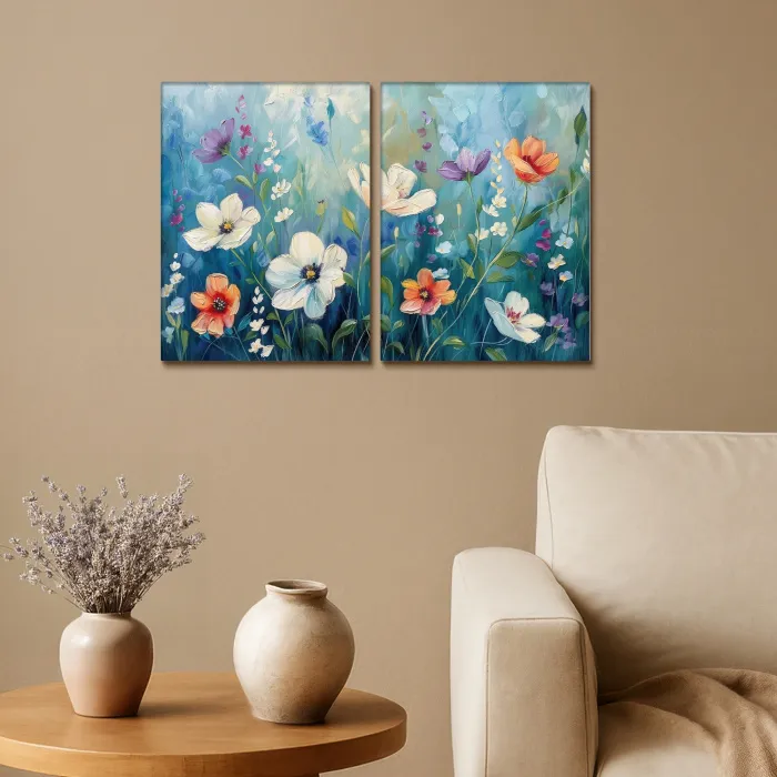 Bloemen - Kleurrijk - Blauw - Natuur Canvas - Meerluiken 2 luik klein -sfeer1