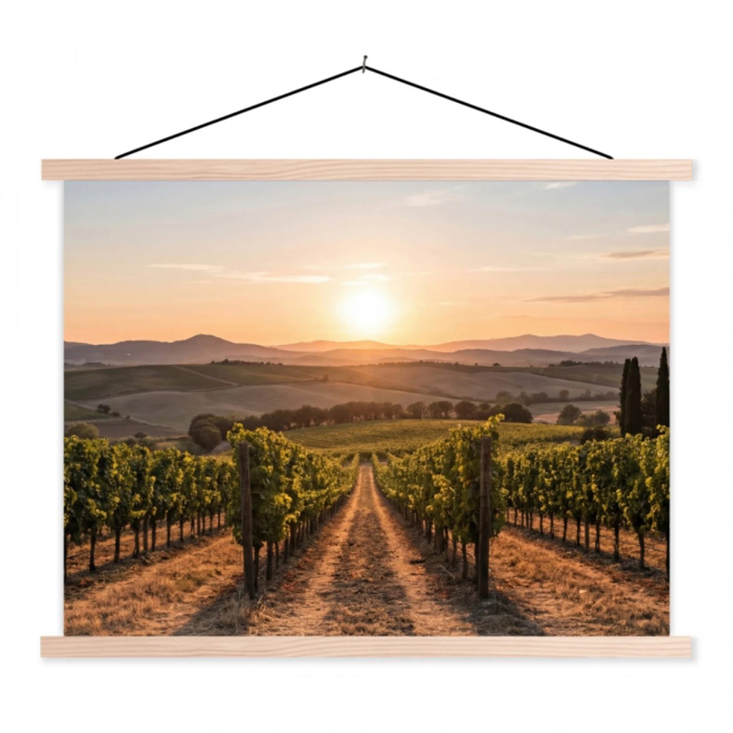 Wijngaard - Zonsondergang - Landschap textielposter latten blank klein -3d