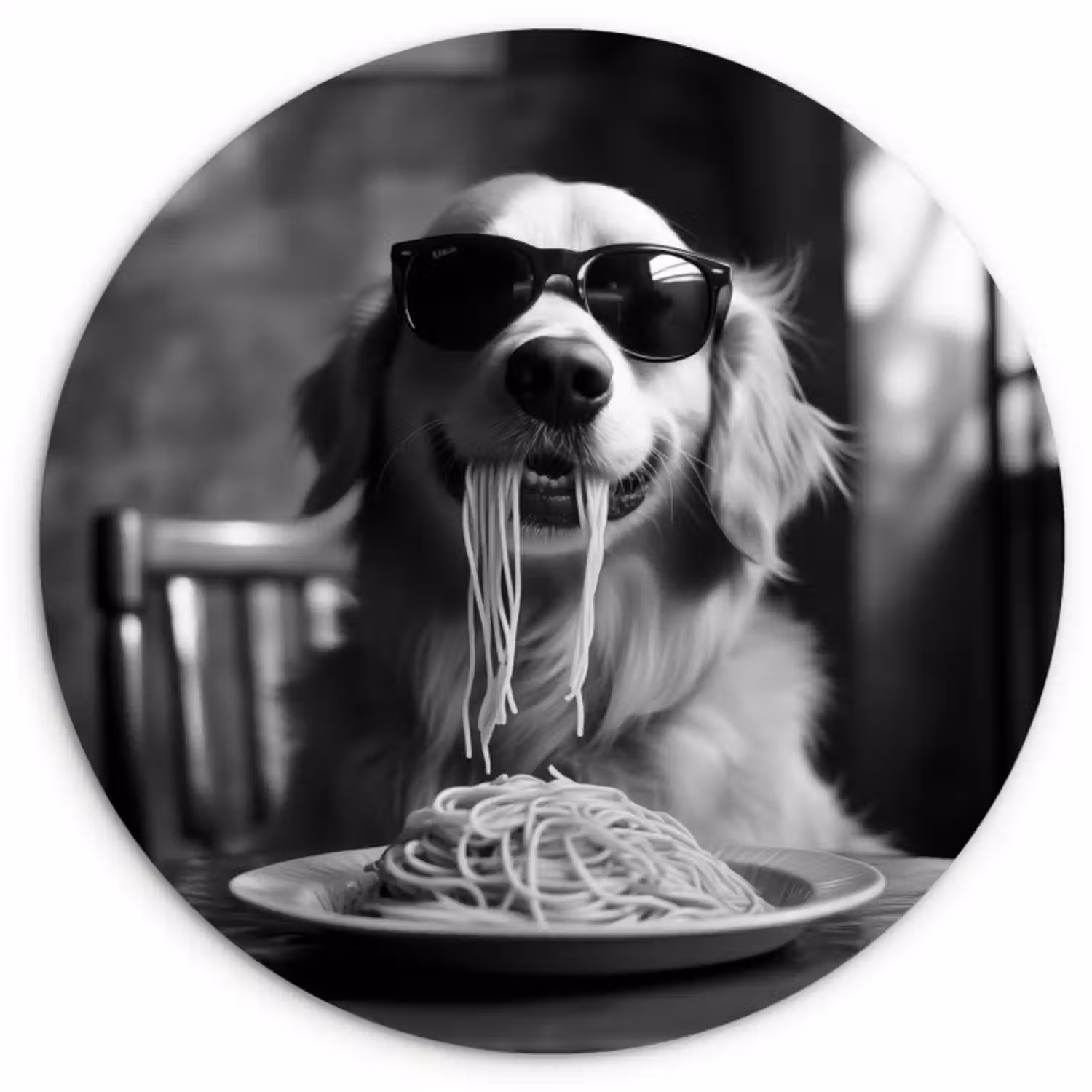 Muurcirkel glas - Golden Retriever - Hond - Vrolijk -  Bord spaghetti - Zwart - wit