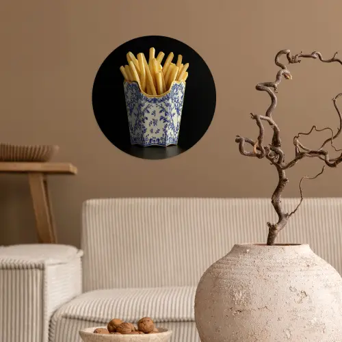 Friet - Porselein - Delfts blauw - Eten Wandcirkel behangsticker klein -sfeer1