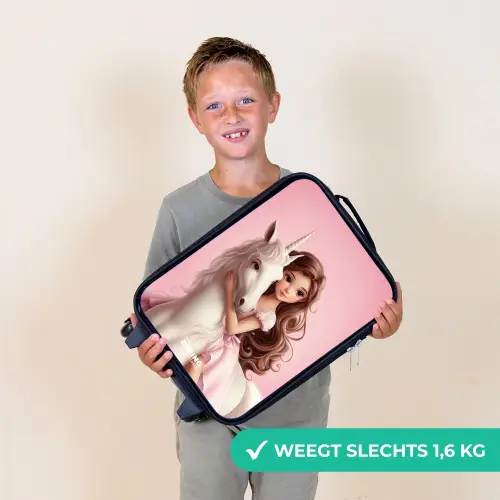 Meisje met witte eenhoorn op roze achtergrond Kinderkoffer - Zwart klein -sfeer4_NL