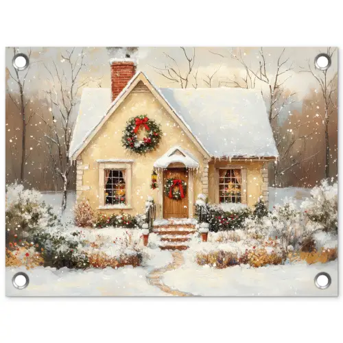 Kerst - Huis - Winter - Sneeuw tuinposter los doek klein -3d