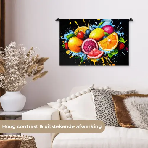 Fruit - Graffiti - Kleurrijk - Sinaasappel - Aardbei - Abstract Wandkleed katoen klein -sfeer1