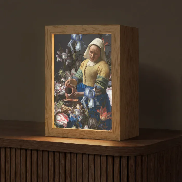 Melkmeisje - Johannes Vermeer - Bloemen Light Box met kabel (Tafellamp) klein -z3d_website