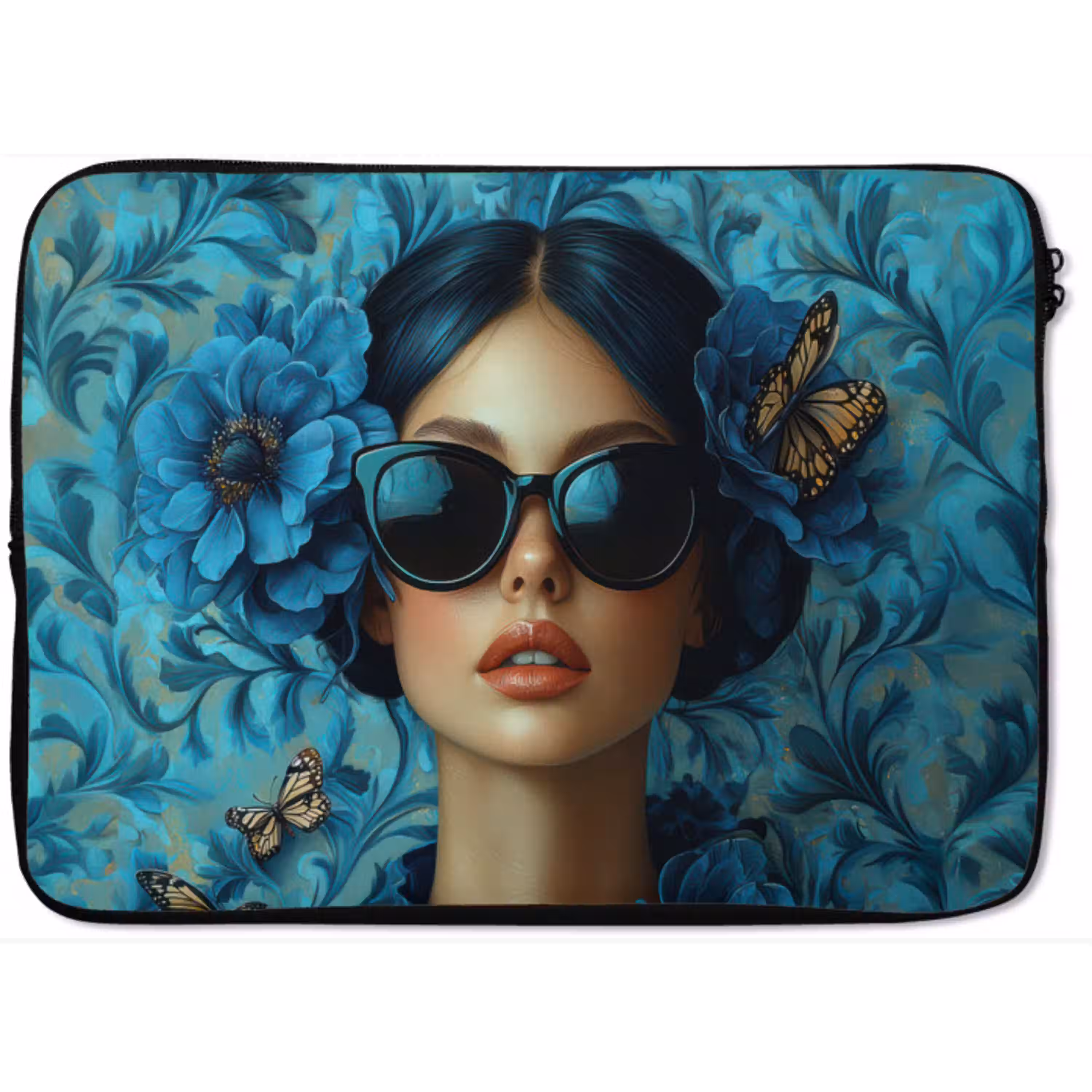 Vrouw - Bloemen - Vlinders - Blauw - Abstract laptophoes neopreen klein -zkaufland3dotto