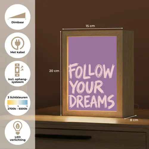 Follow your dreams - Paars - Penseeltextuur Light Box met kabel (Tafellamp) klein -USP_NL