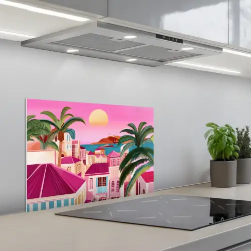 Stad - Roze - Palmbomen keuken achterwand spatscherm klein -3d_schuin