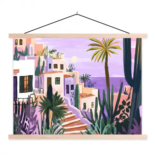 Huizen - Minimalistisch - Palmbomen - Kust textielposter latten blank klein -3d