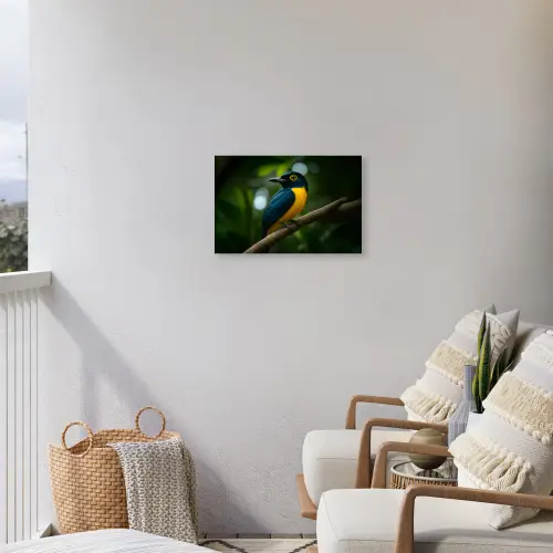 Vogel - Tak - Geel - Bladeren Tuinposter op houten frame 2 cm dik klein -sfeer1