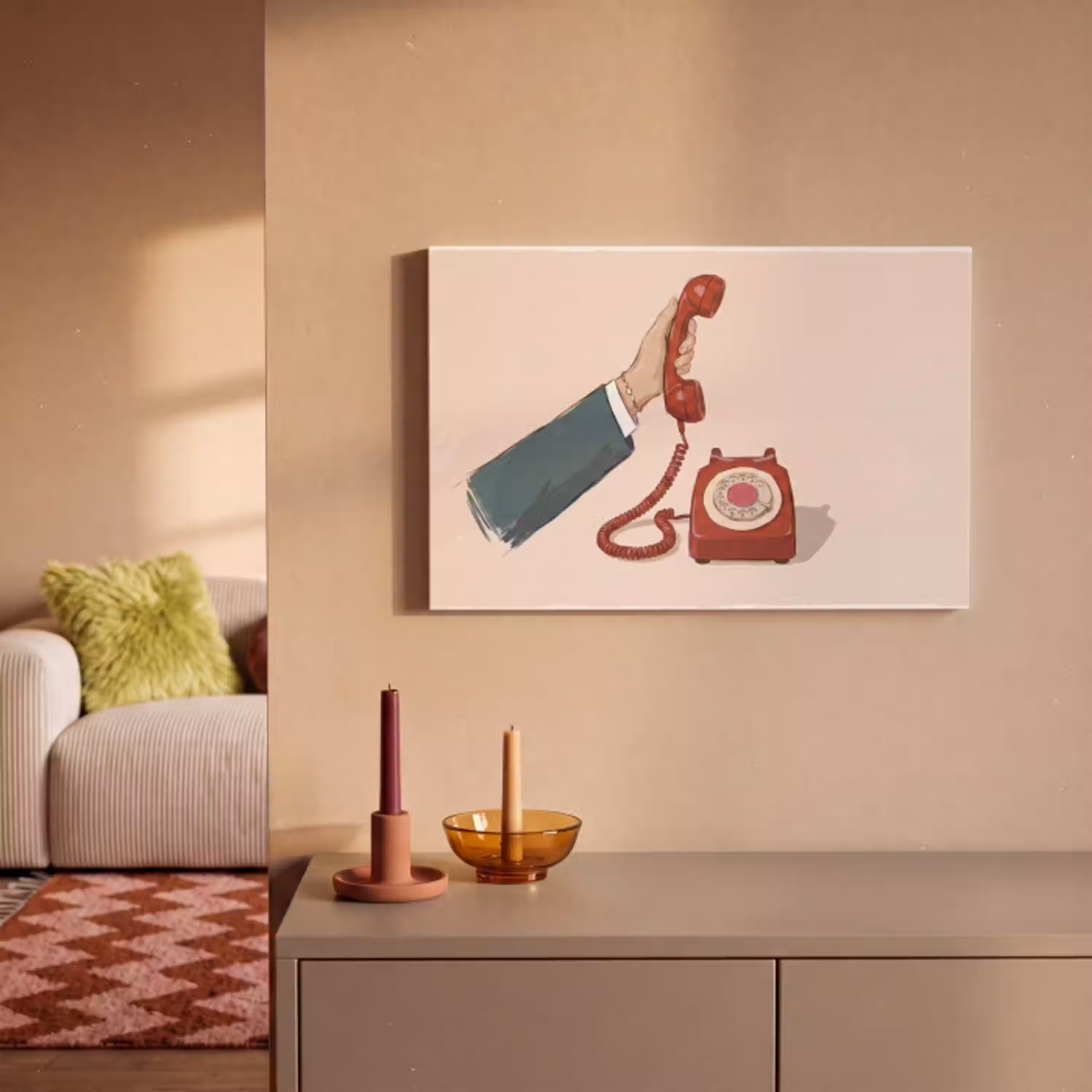 Telefoon - Hand - Vintage - Communicatie - Rood canvas 2cm klein -sfeer1