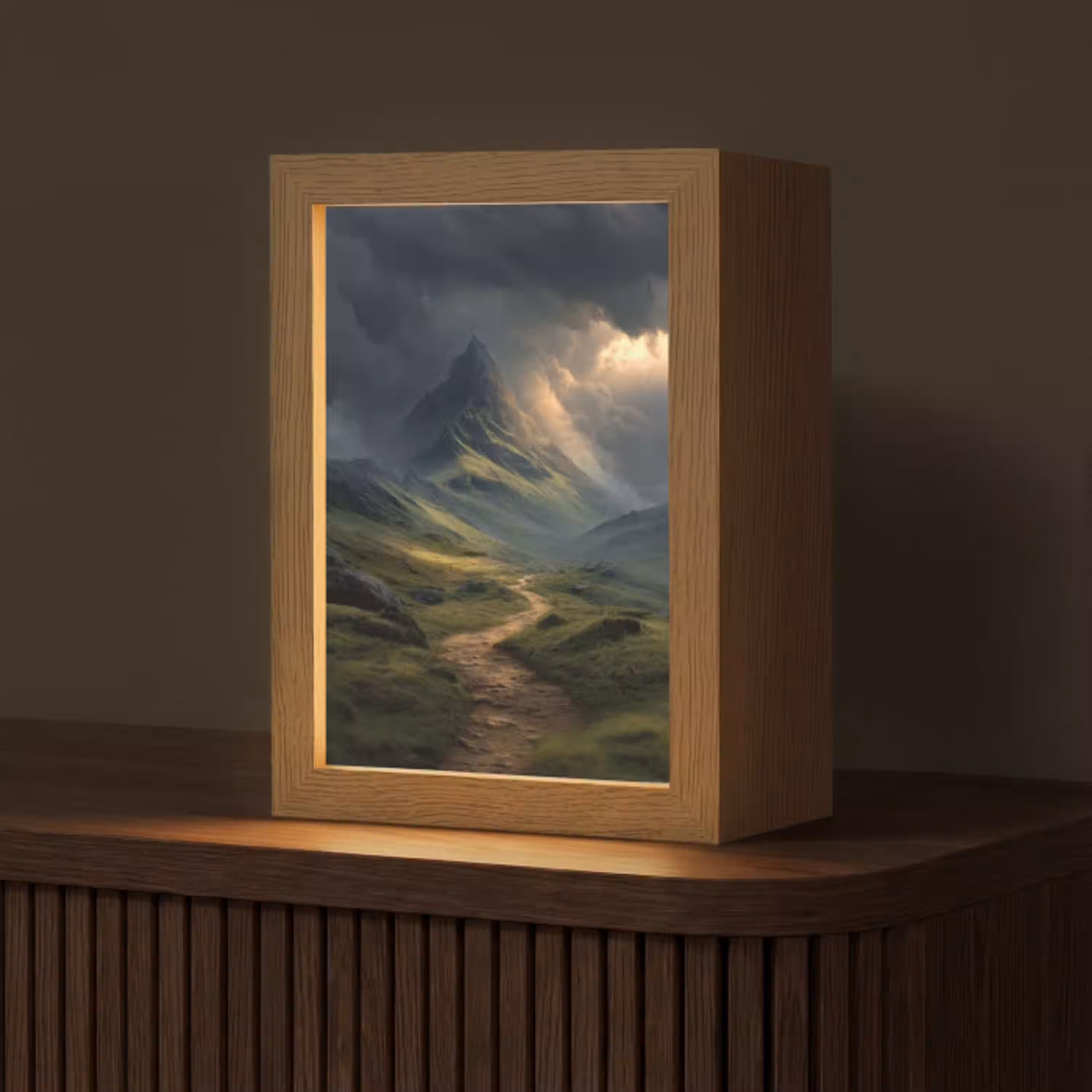 Bergen - Kronkelpad - Groen - Wolken Light Box met kabel (Tafellamp) klein -z3d_website