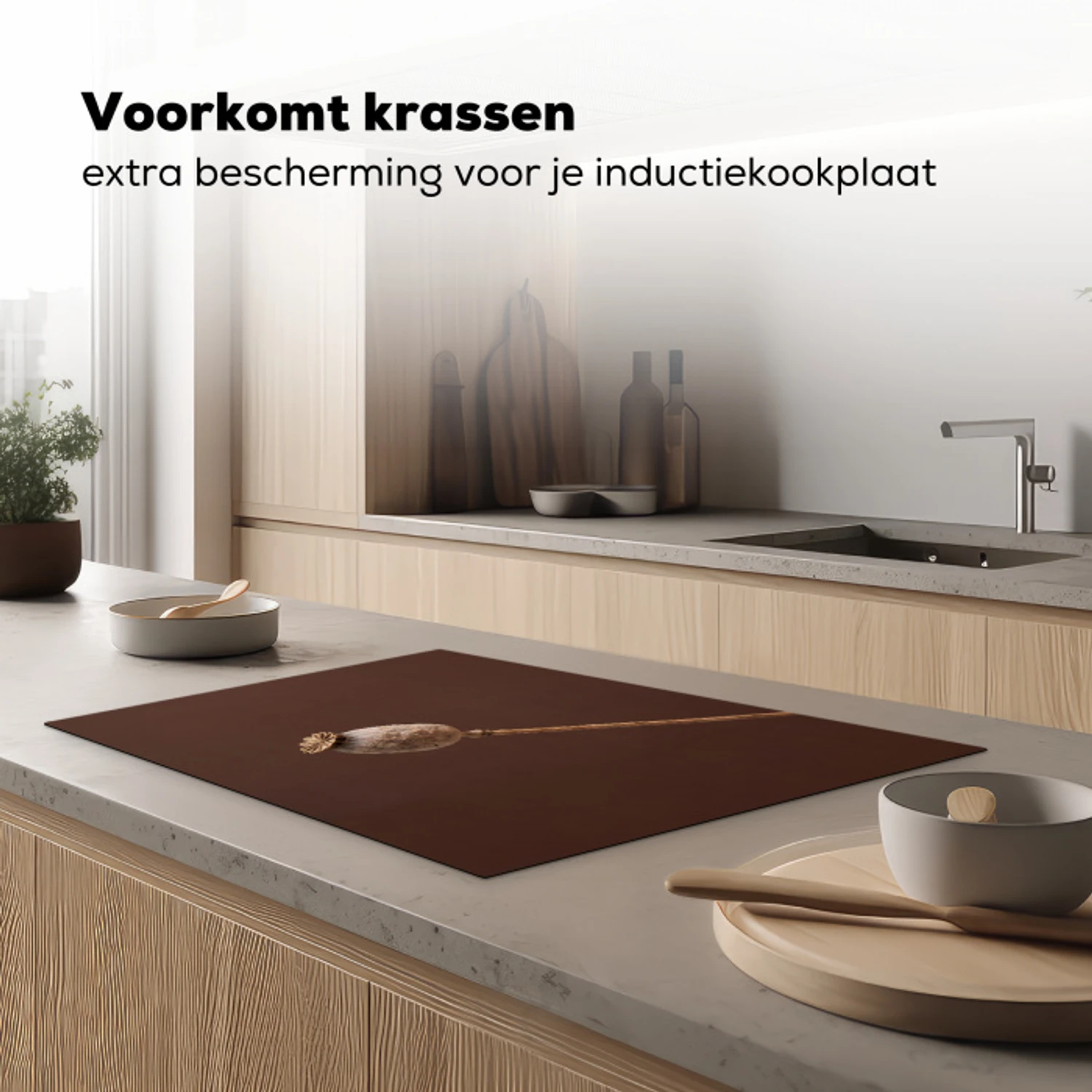 Papaverbol - Droogbloem - Bruin - Minimalistisch Inductie beschermer vinyl 3mm klein -sfeer1