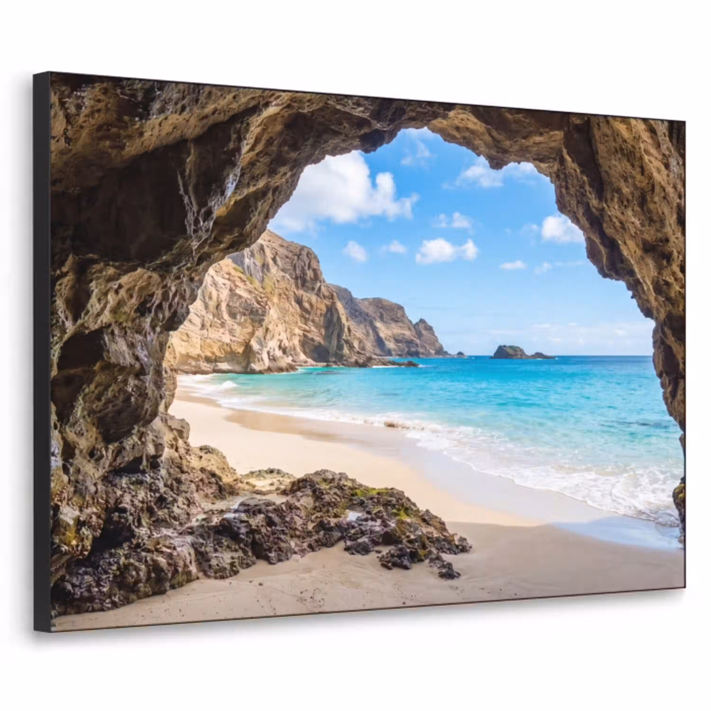 Grot - Strand - Zee - Blauw Textielframe zwart klein -3d