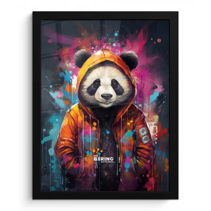 Panda met oranje jas en verfspetters fotolijst zwart zonder passe partout klein -3d