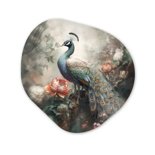 Pauw - Pauwenveren - Vogel - Jungle - Bloemen Wandcirkel Organisch Forex 3mm klein -3d