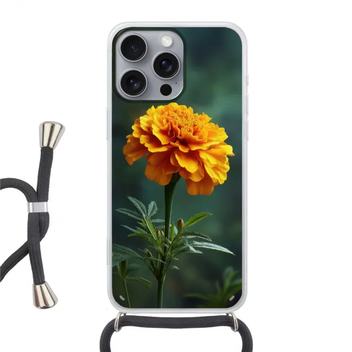 Bloemblaadjes - Afrikaan - Oranje - Wazig Hoesje iPhone 16 Pro Max met koord klein -3d