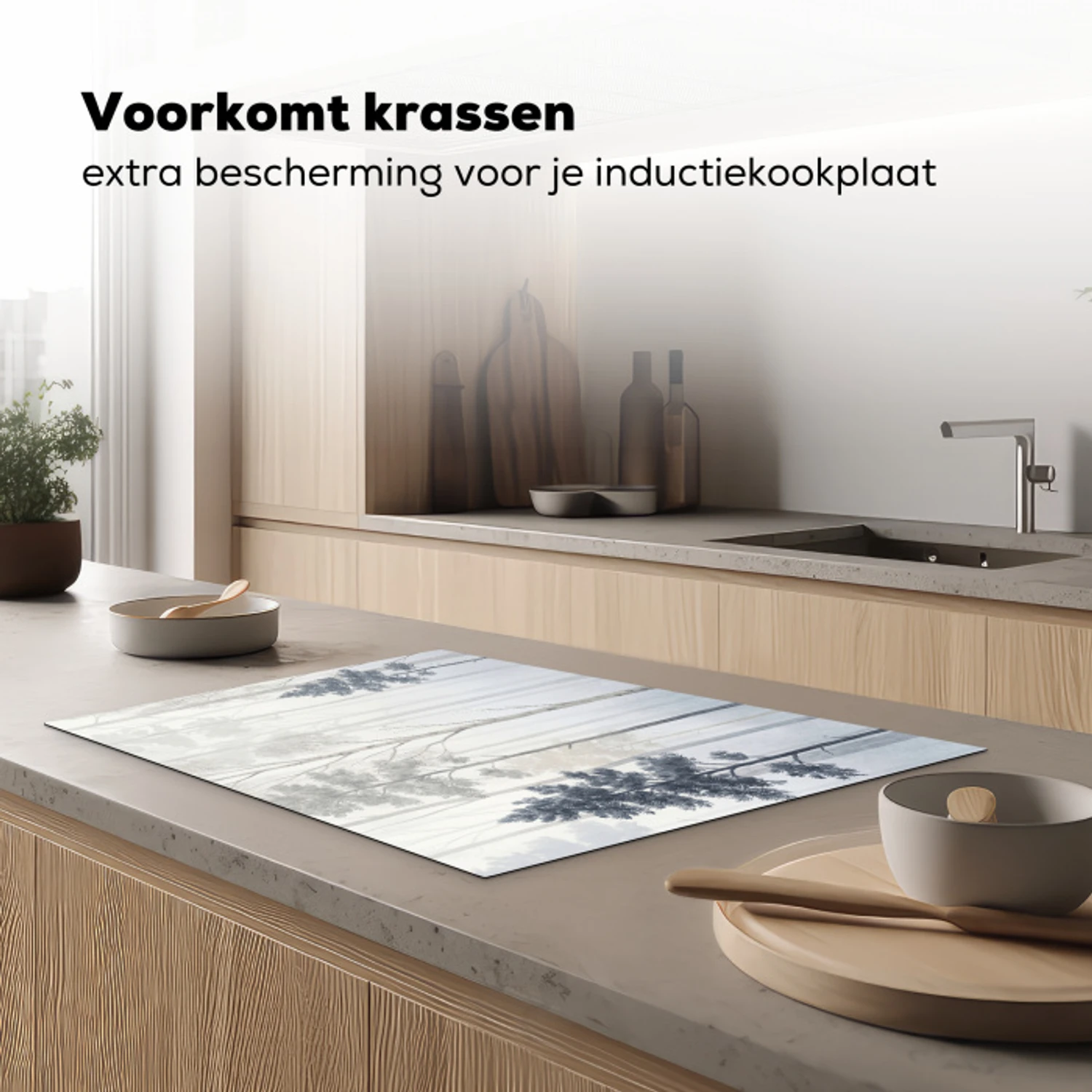Bos - Bomen - Mist - Natuur - Illustratie - Grijs Inductie beschermer vinyl 3mm klein -sfeer1