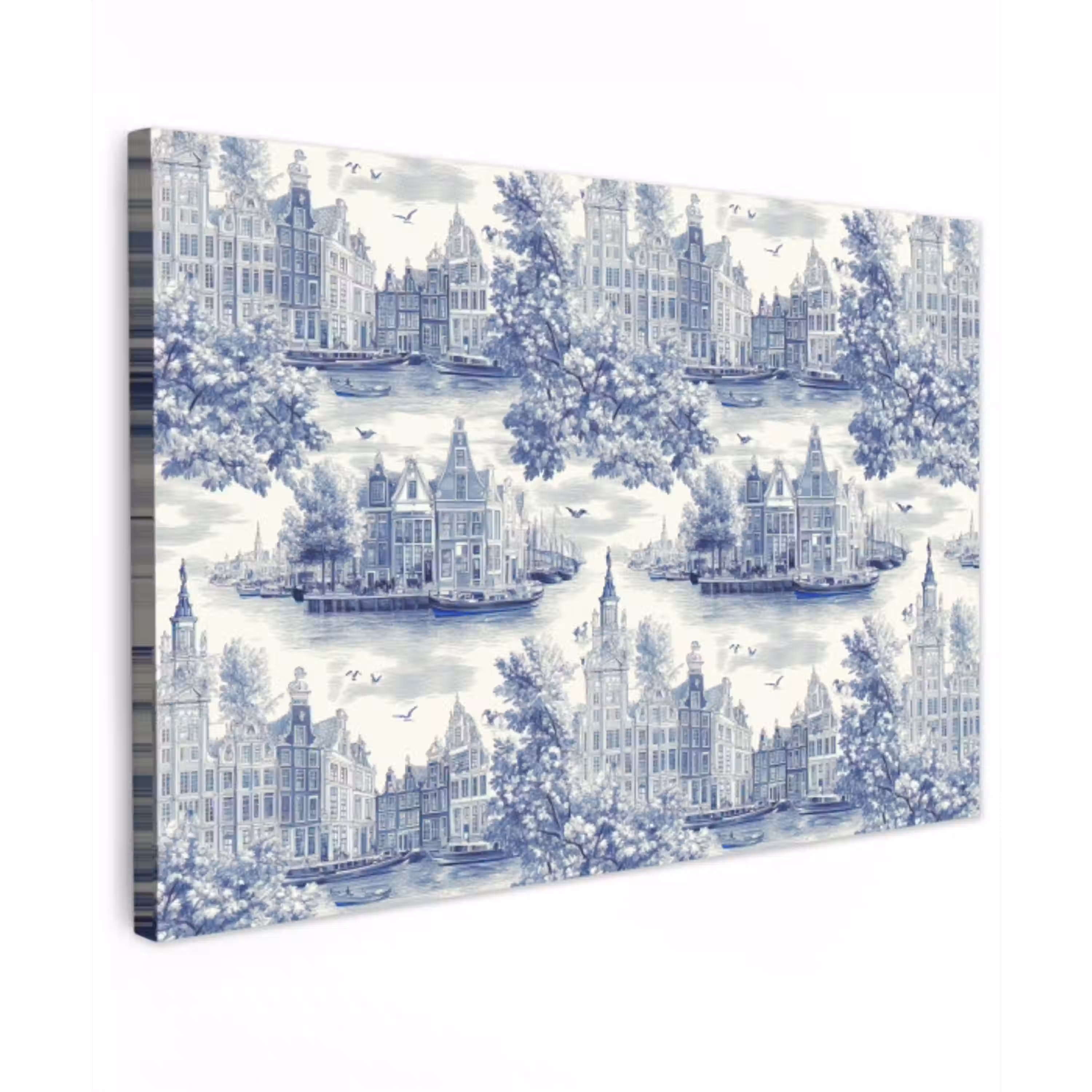 Huizen - Bomen - Water - Vogels - Blauw Tuinposter op houten frame 2 cm dik klein 845 -3d