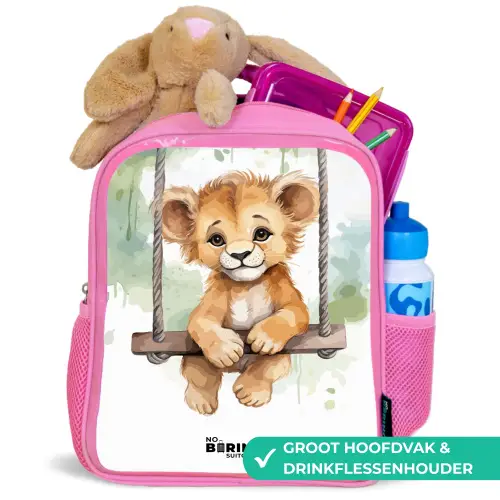 Leeuwenwelpje met schommel illustratie Kinderrugzak - Roze middel -inhoud_NL