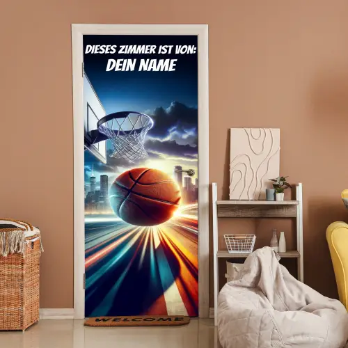 Basketballkorb mit Ball und Namensfeld. deurposter klein -sfeer1