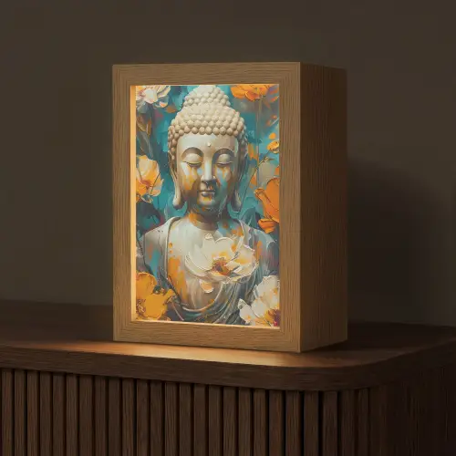 Buddha - Bloemen - Kleurrijk - Modern Light Box met kabel (Tafellamp) klein -z3d_website