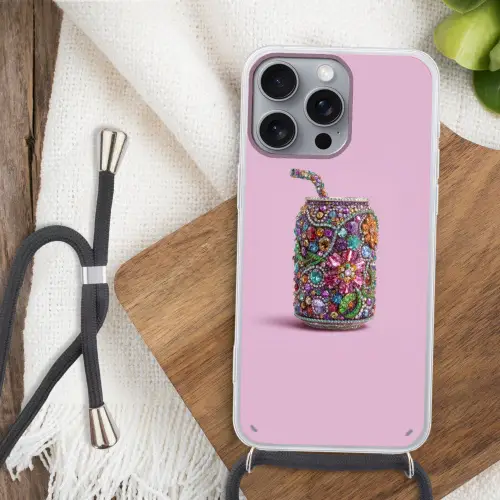 Frisdrankblikje - Bloemenpatroon - Edelstenen - Kleurrijk Hoesje iPhone 16 Pro Max met koord klein -sfeer4