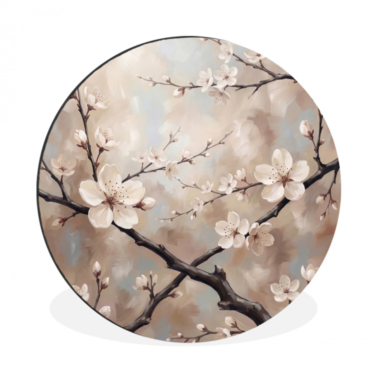 Bloesem - Takken - Schilderij - Beige - Serene Wandcirkel aluminium klein -3d