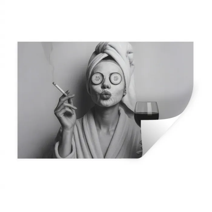 Vrouw - Masker - Wijn - Sigaret Muursticker klein -3d