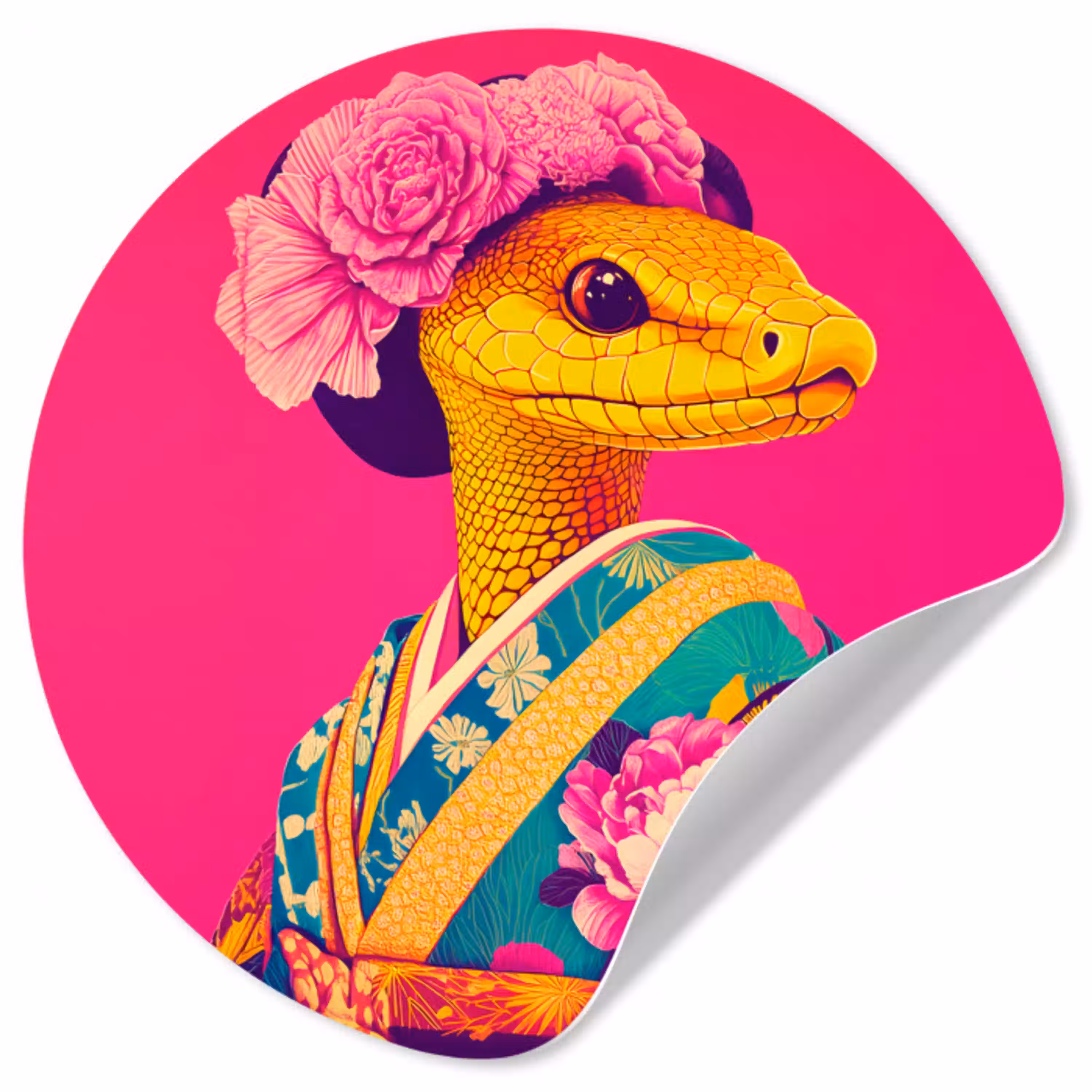 Hagedis - Bloemen - Roze - Kimono Wandcirkel behangsticker klein -3d