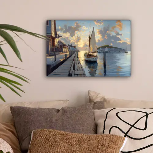 Zeilboot - Zon - Pier - Hout canvas 2cm klein -sfeer1
