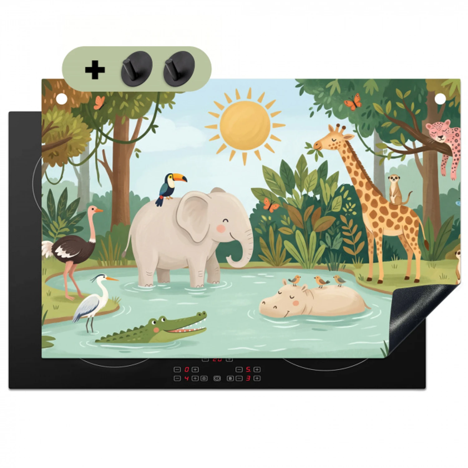 Jungle - Oase - Dieren - Kleurrijk Inductie beschemer met haakjes klein -3d