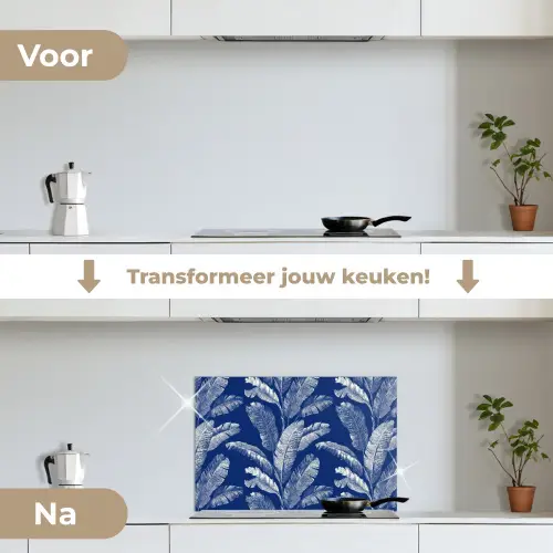 Blad - Palm - Blauw keuken achterwand spatscherm klein 900 -voor_na_NL