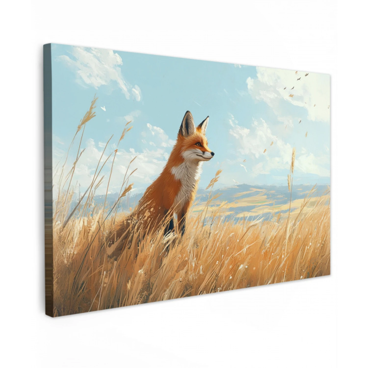 Vos - Gras - Wolken - Oranje Tuinposter op houten frame 2 cm dik klein -3d