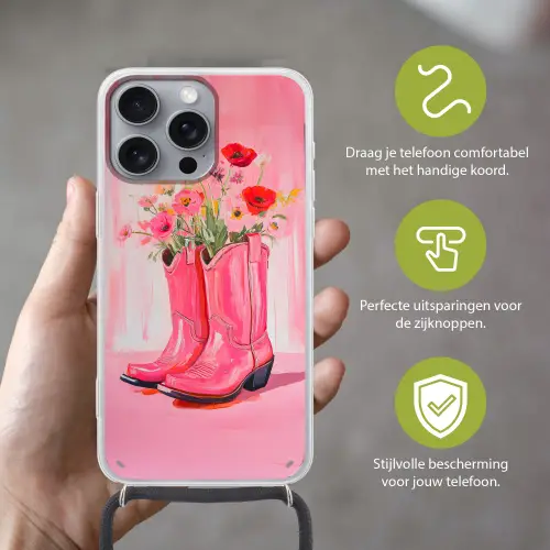 Roze - Bloemen - Cowboy Hoesje iPhone 16 Pro Max met koord klein -sfeer2_NL