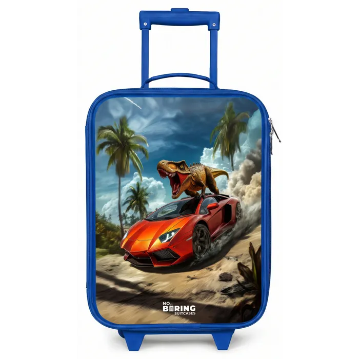 Rode sportauto met dino raast door tropisch strand Kinderkoffer - Blauw klein -zz3dotto
