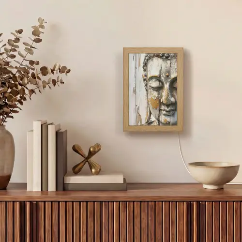 Boeddha - Houtlook - Modern - Industrieel Light Box met kabel (Tafellamp) klein -sfeer2