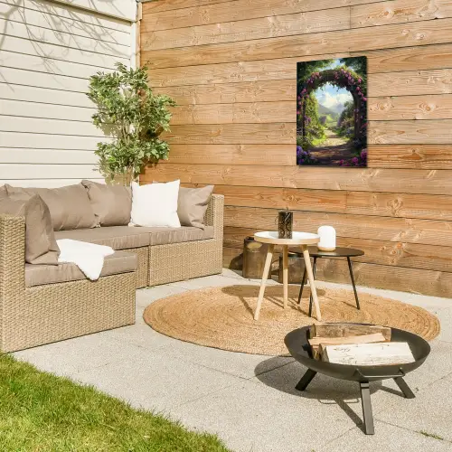 Doorkijk - Rozenboog - Uitzicht - Landschap - Bloemen Tuinposter op houten frame 2 cm dik klein -sfeer2