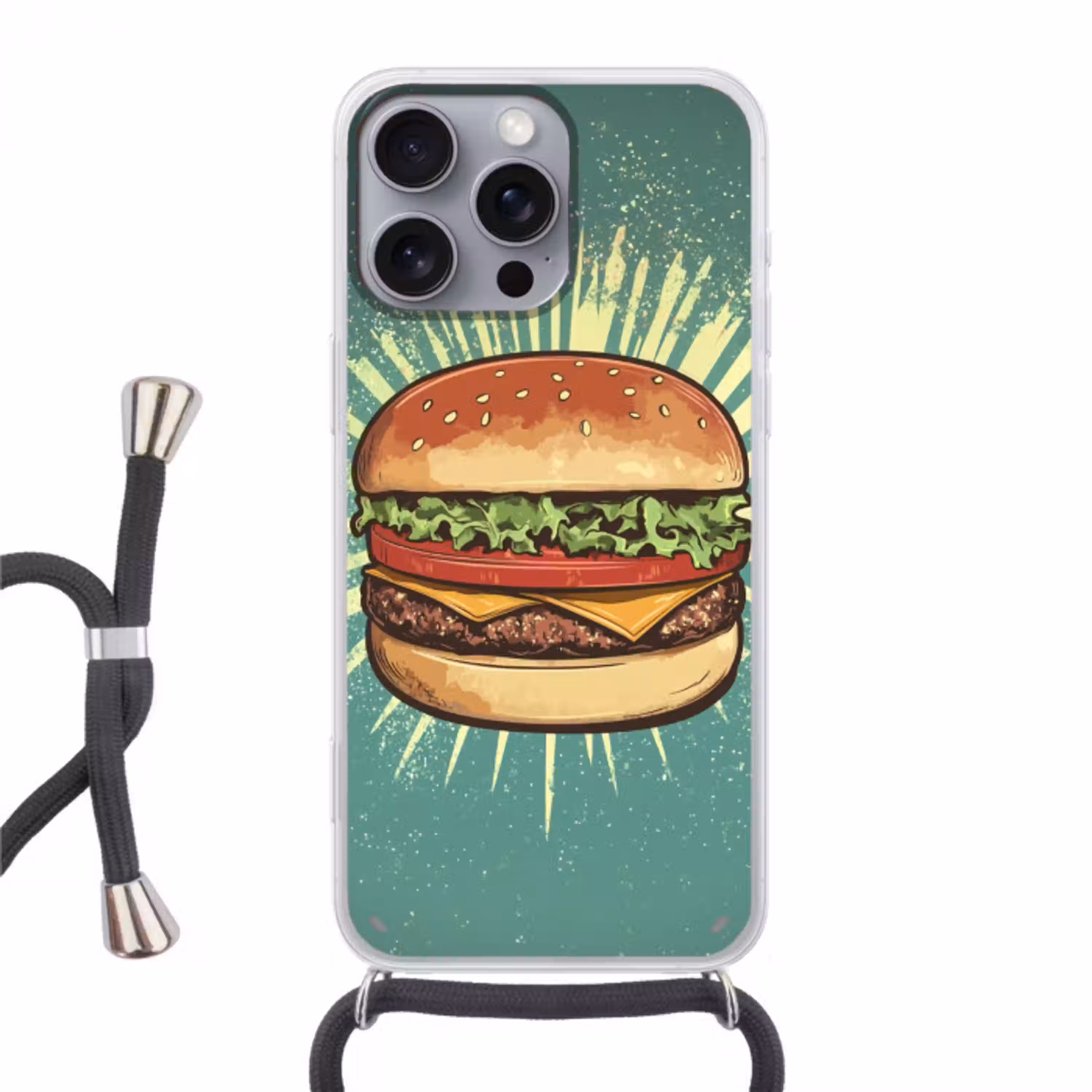 Hamburger - Illustratie - Sla - Kaas Hoesje iPhone 16 Pro Max met koord klein -3d