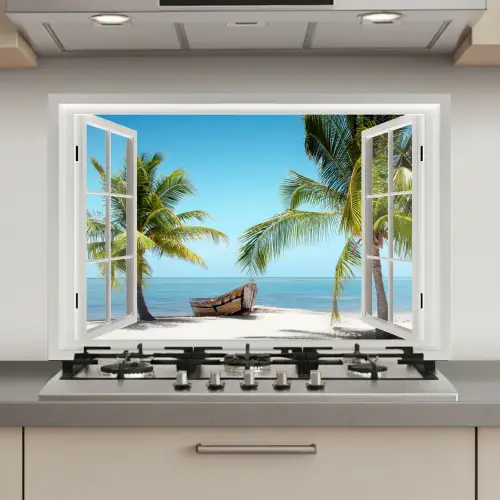 Doorkijk - Strand - Palmboom - Boot - Tropisch - Zee - Blauw keuken achterwand spatscherm klein -3d_website