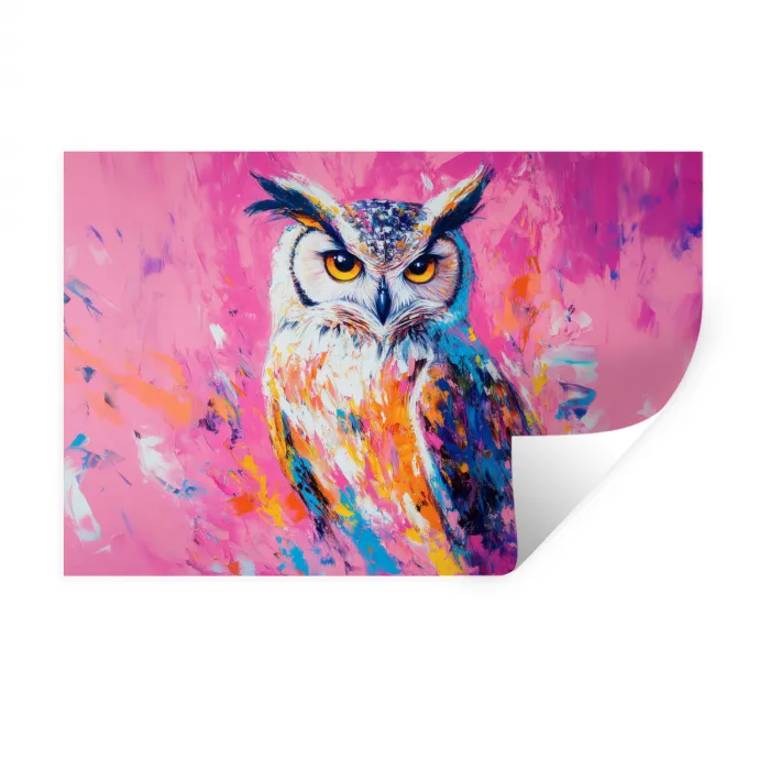 Uil - Roze - Blauw - Verf - Abstract Muursticker klein -3d