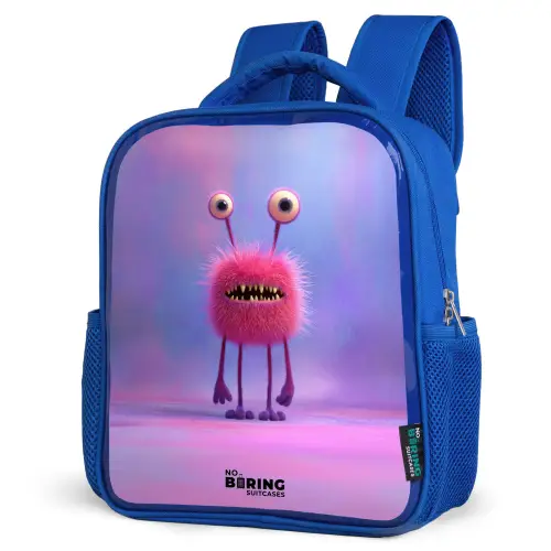 Roze harig monster met grote ogen Kinderrugzak - Blauw middel -schuin