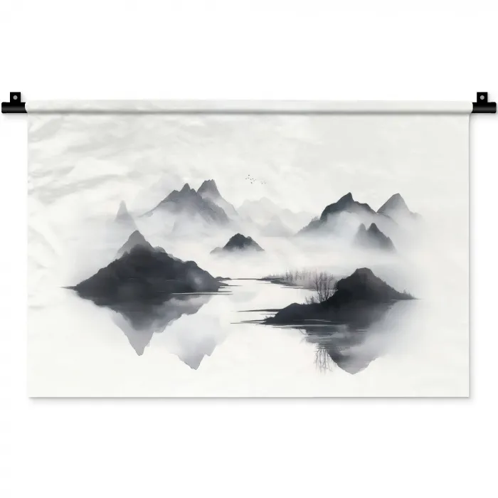 Bergen - Mistig - Water - Wit Wandkleed katoen klein -zz3d