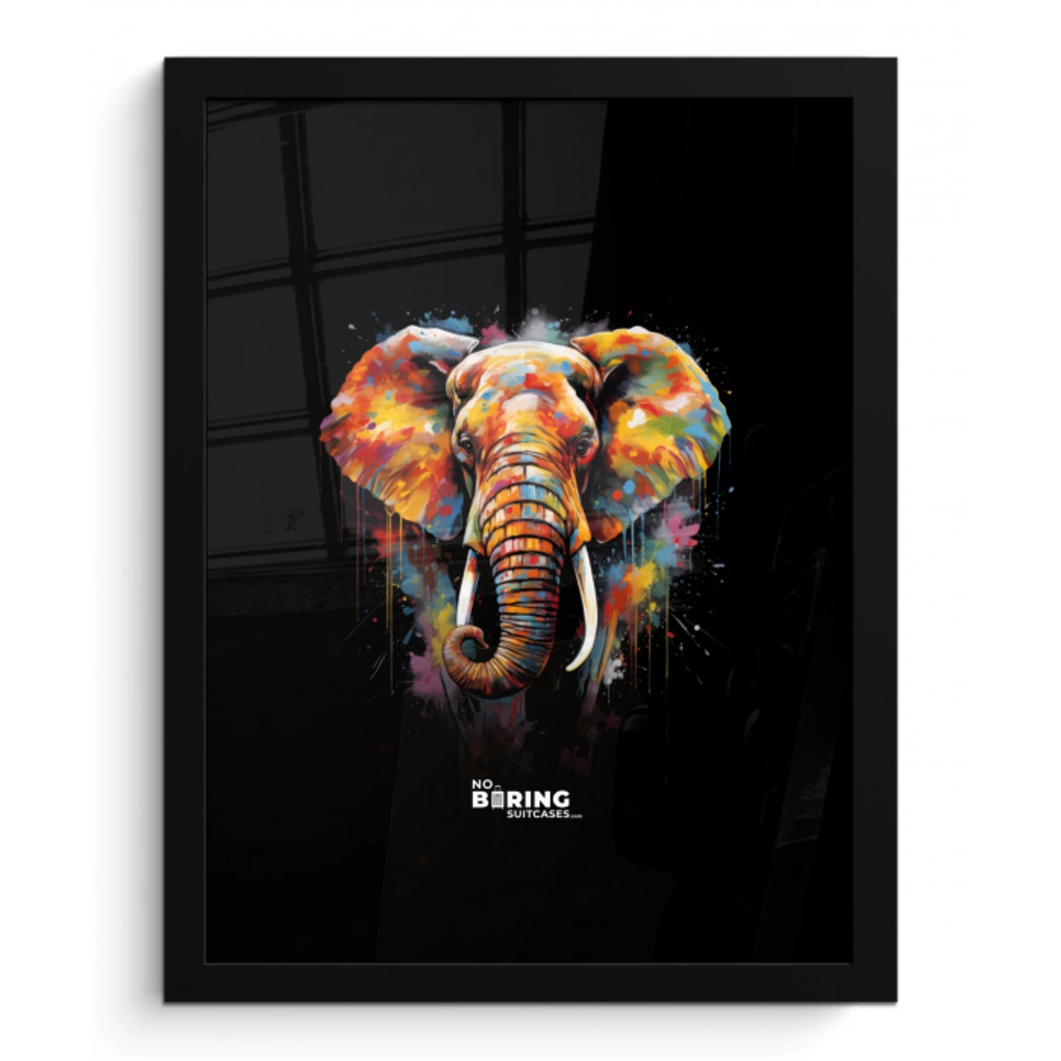 Olifant versierd met kleurrijke spetters fotolijst zwart zonder passe partout klein -3d
