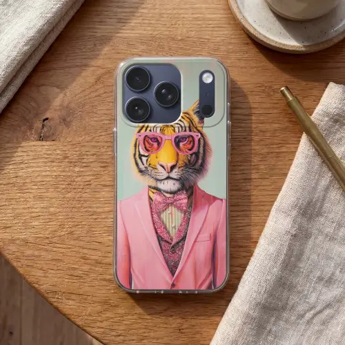 Tijger - Strik - Jasje - Roze Telefoonhoesje iPhone 17 Pro klein -sfeer1