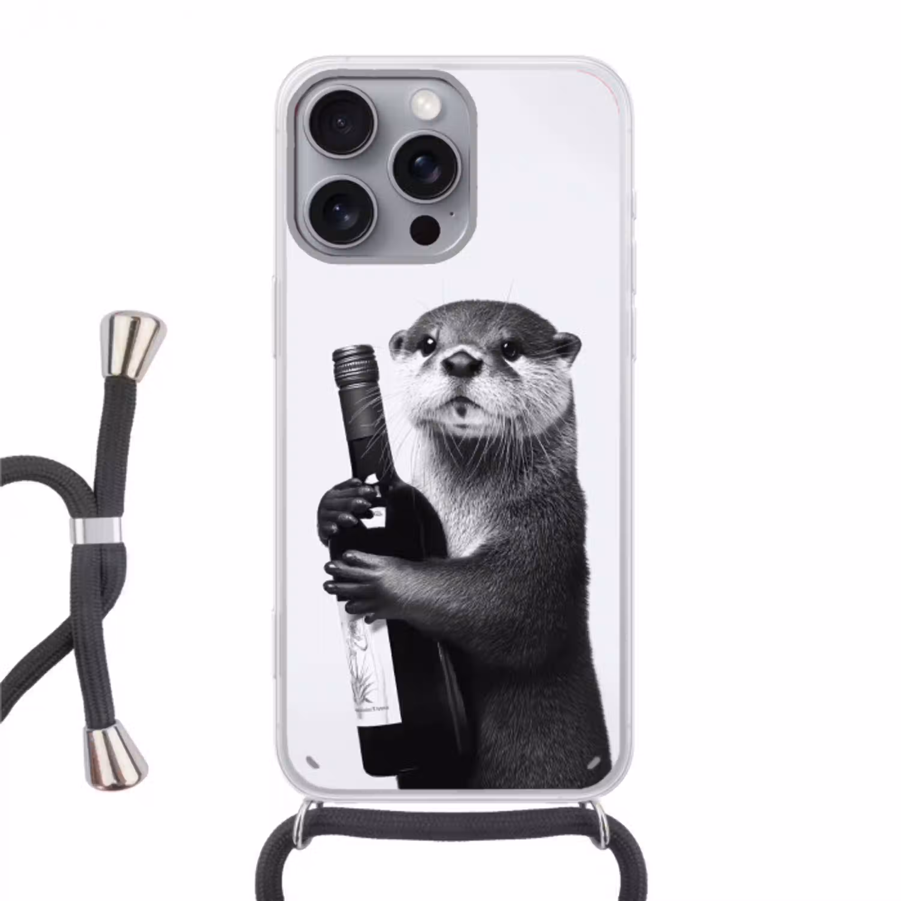 Wijnfles - Otter - Zwart Hoesje iPhone 16 Pro Max met koord klein -3d