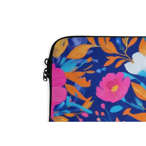 Bloemen - Blauw - Roze laptophoes neopreen klein -detail