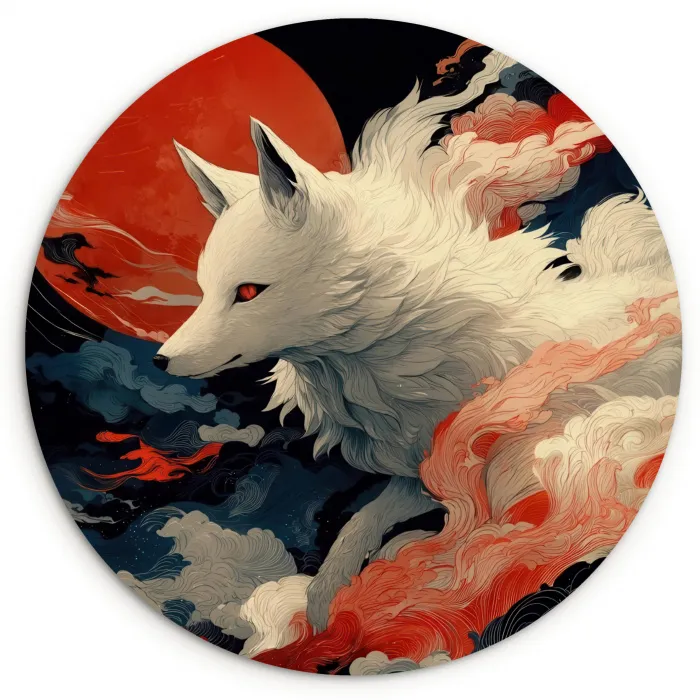 Witte vos - wolken - maan Wandcirkel kunststof plaat 5mm dik klein -3d